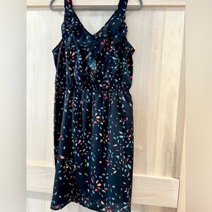 Navy Blue Dress with specks of colors and Ruffles- Women’s size Large